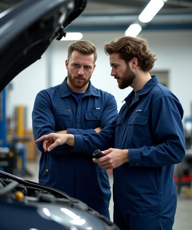Das Team von AstraFatel KFZ-Service diskutiert an einem Fahrzeug.